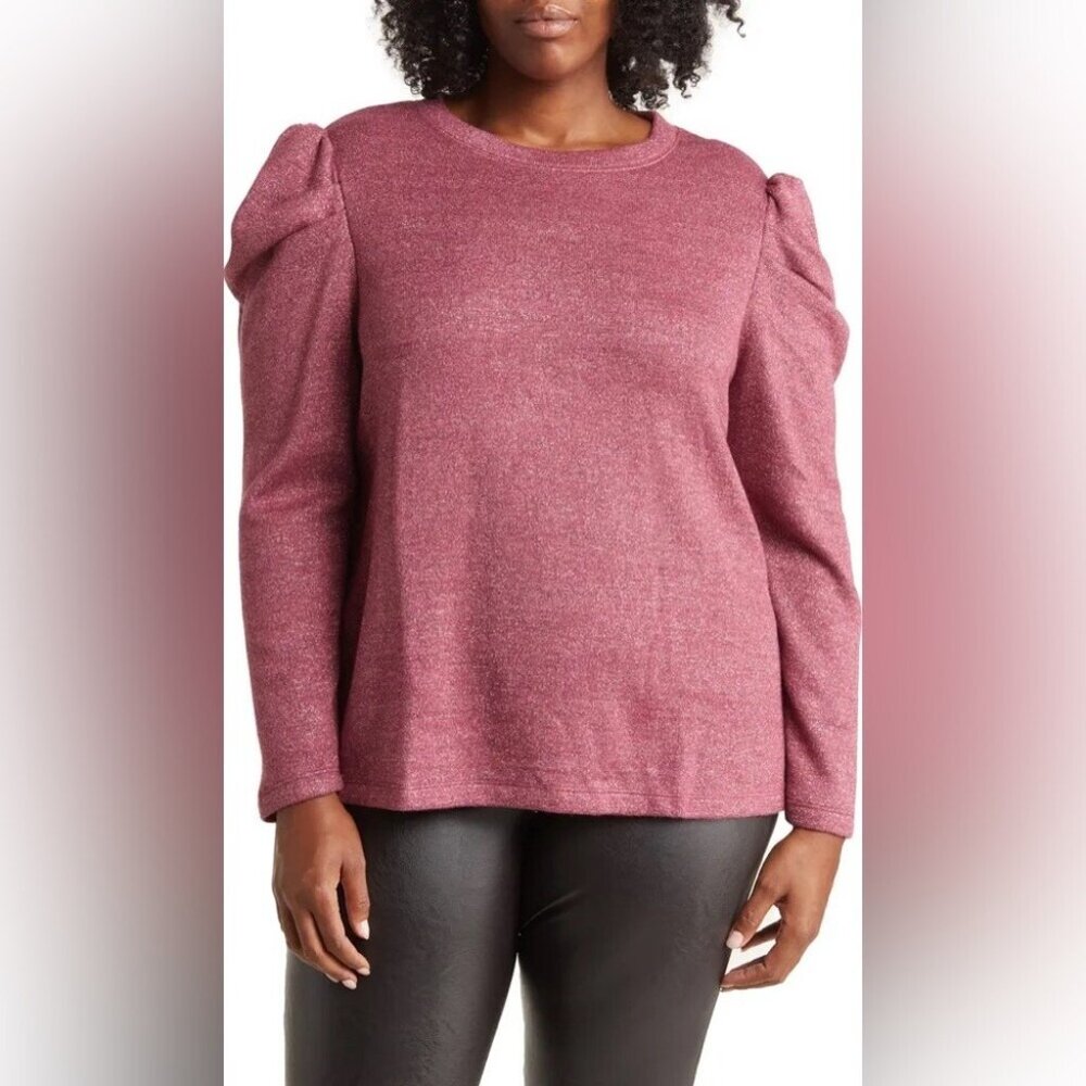 CeCe Women Shiny sweater Plus 3X Burgundy Puff sleeves Rayon polyester NWT